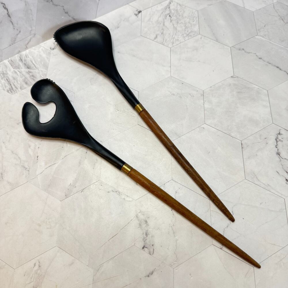 Vintage Helge Benzin Salad Servers Denmark Danish Designer 12" Teak Wood EUC